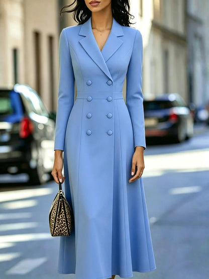 Fashionable Long Dress Elegant Solid Color Casual Slim Autumn Winter Commuting Style Long-sleeved Double-breasted Waist...