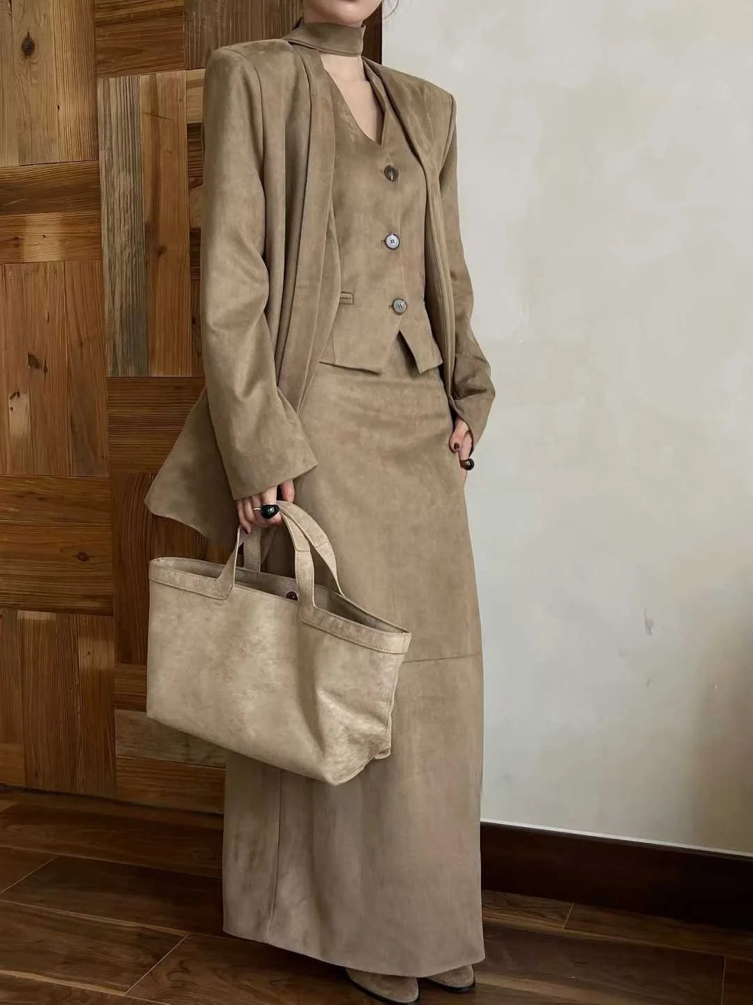 KWTX 2025 Women's 3 Pcs Suit Set Spring Fall V-Neck Blazer Single Breasted Vest Ribbon Tie Skirt Solid Color Elegant Retro