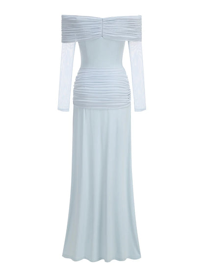 Sexy Slash Neck Mesh Long Sleeve Patchwork Maxi Dress Women Light Blue Off Shoulder Tie Ruched Slim Dresses Evening Party Gowns