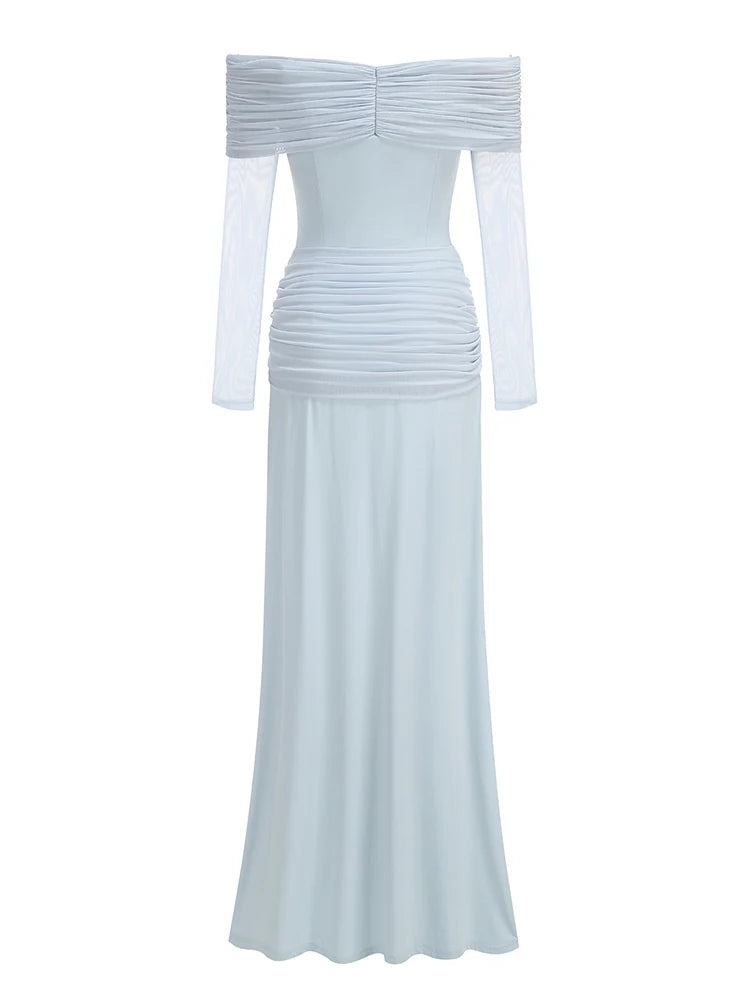 Sexy Slash Neck Mesh Long Sleeve Patchwork Maxi Dress Women Light Blue Off Shoulder Tie Ruched Slim Dresses Evening Party Gowns