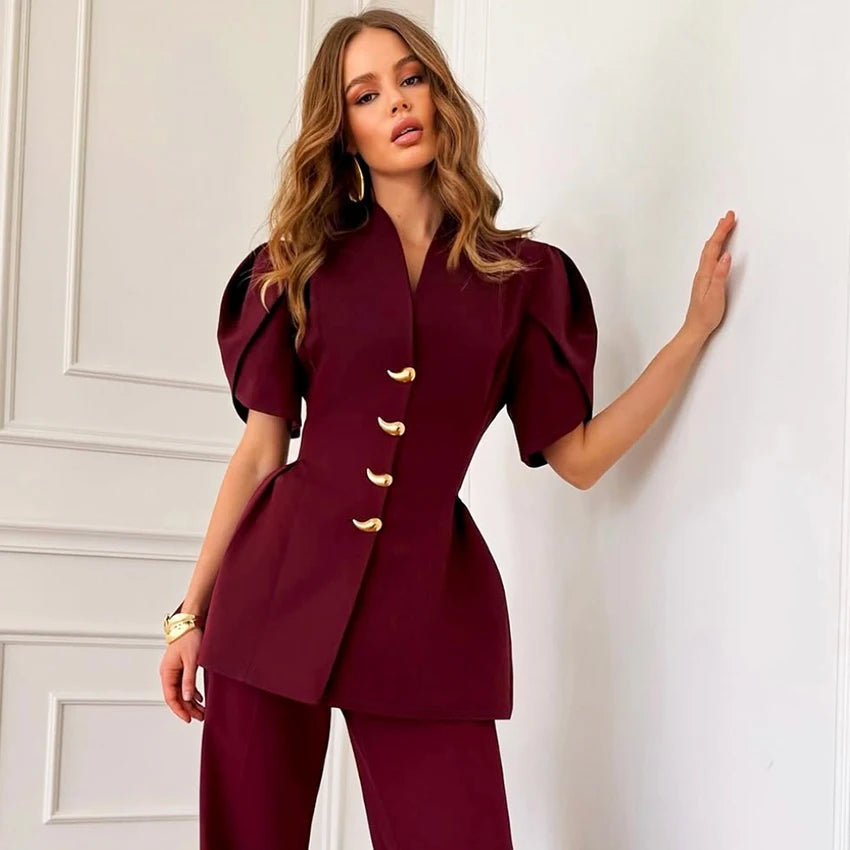 Linad Elegant Wine Red Puff Sleeve Woman Blouse 2026 Vintage Single Breasted Tops Spring Street Chic Black V Neck Ladies Tops - Kimlud