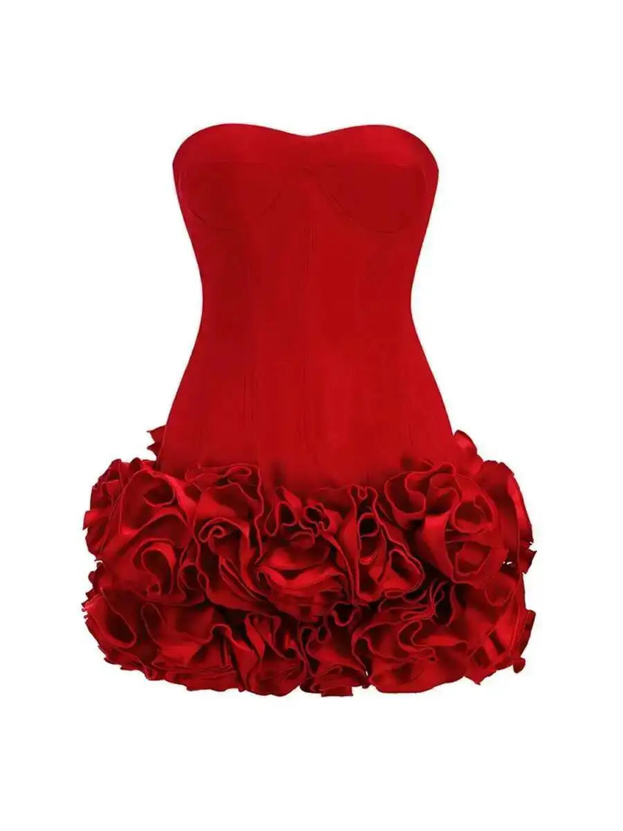 Red Solid Spliced Appliques Slim Backless Short Dresses For Women Strapless Sleevelss Patchwork Lace Up Dress Female Sexy LSW7