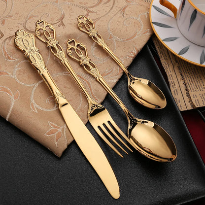 Golden Stainless Steel Cutlery Set Royal European Spoon Fork Complete Tableware Retro Design Dishwasher Safe Elegant...