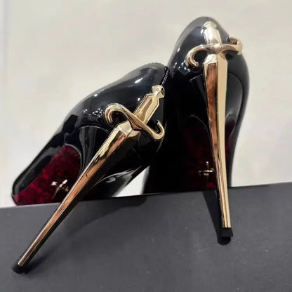 2026 Early New High Heels Women's Fine Heels Pointed Metal Swords Sexy Queen Black Lacquer Leather Single Shoes | Kimlud...