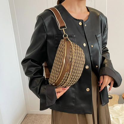 Fashion Grid Chest Bag Retro Crossbody Bags Trendy Sling Shoulder Bag Travel Wide Strap Waist Bag Women Small Chain Fanny Pack