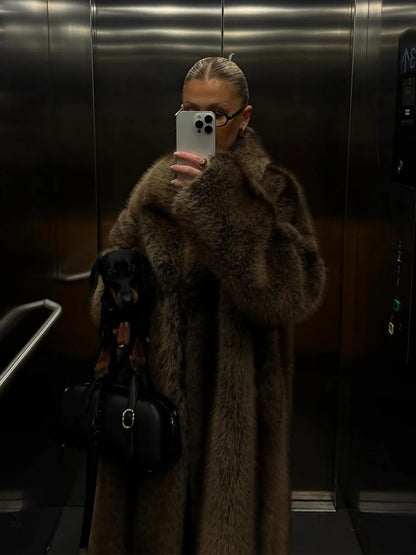 Brown Stripes Gradient Premium Faux Fur Maxi Long Coat Luxury Vintage Fluffy Lapel Collar Midi Coat Pinterest Style Slay Outfits