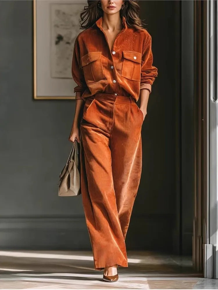 Simple Solid Color Casual Two-piece Set Women's Spring Retro Fashion Corduroy Long-sleeved Shirt Wide-leg Pants...