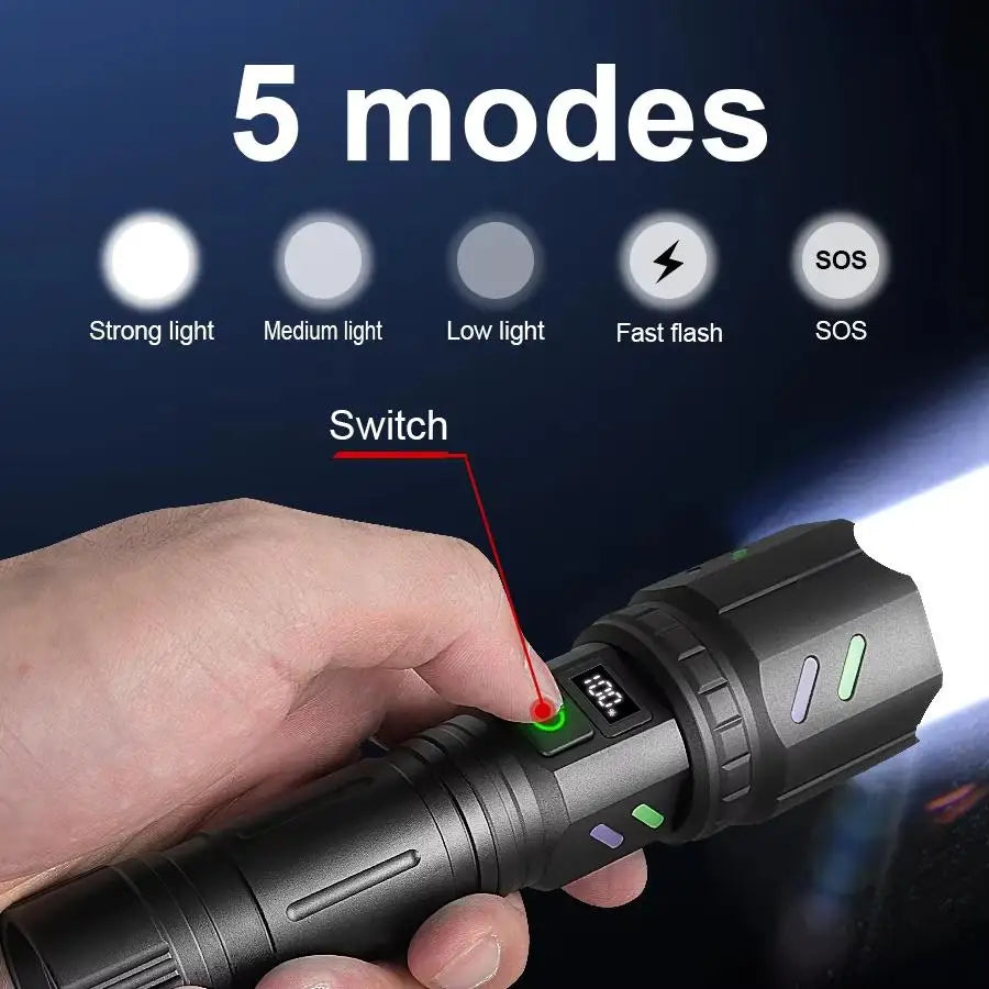 Most Powerful 200000LM Tactical Flashlight Firestarter High Power Led Flashlight Type-C Rechargeable Torch Laser Pointer Outdoor