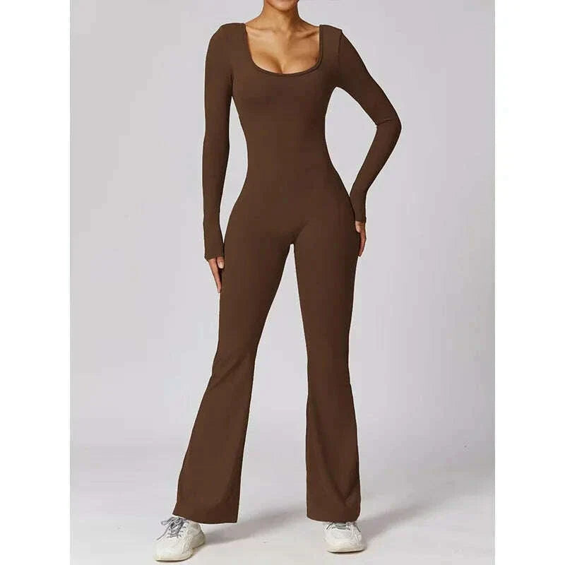 long sleeved jumpsuit U-neck tight and sexy backless jumpsuit for autumn and winter yoga sports and leisure series