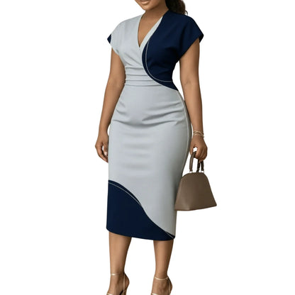 Colorblock Work Office Dress Women V Neck Cap Sleeve Ruched Waist Bodycon Midi Pencil Dress Elegant Casual Party Evening Dresses