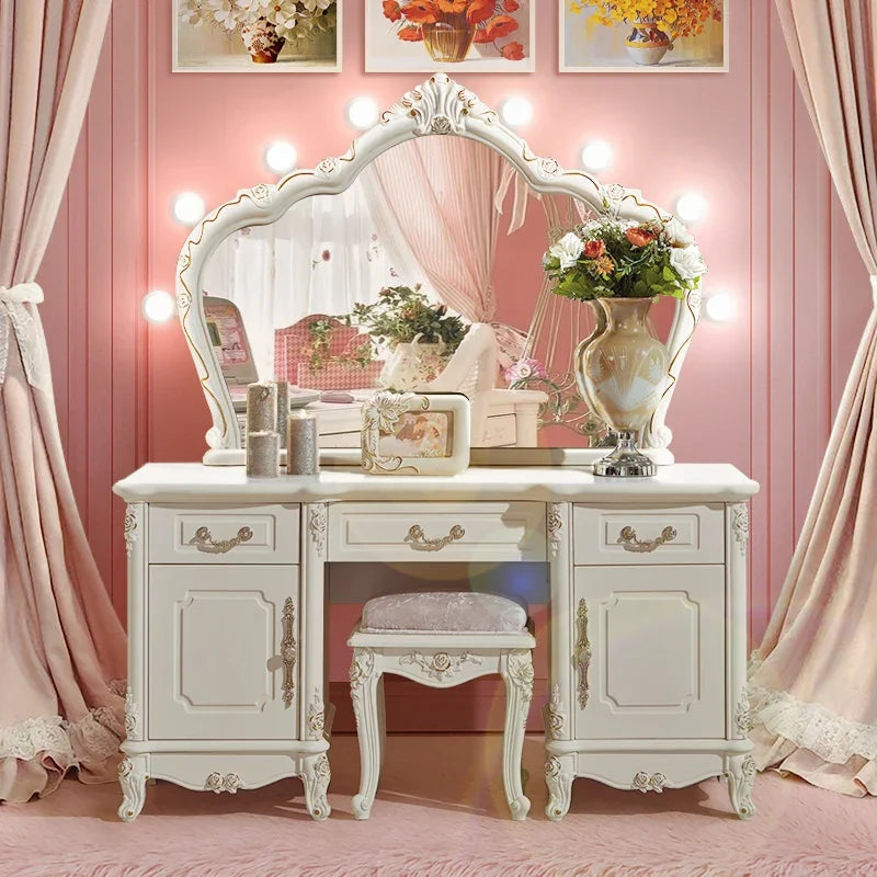 European Luxury Vanity Table Girls Wooden White Tall Vanity Table Makeup Nordic Penteadeira De Maquiagem Bedroom Furniture - Kimlud