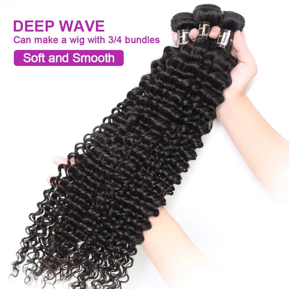 Deep Wave Human Hair Bundles Curly Hair 30Inch Brazilian Weaving Raw Virgin 100% Unprocessed Double Weft Hair Bundles Extensions - Kimlud