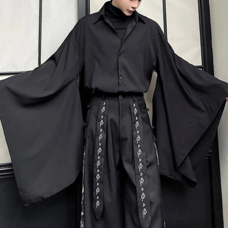 Men Chinese Style Hanfu Shirts Black Lapel Flare Long Sleeve Gothic Blouse Male Vintage Loose Leisure Shirts Harajuku Streetwear