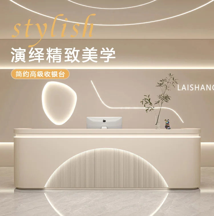 Unique White Reception Desks Organizers Display Drawer Led Lights Reception Desks Aesthetic Modern Bureau Commercial Furniture - Kimlud