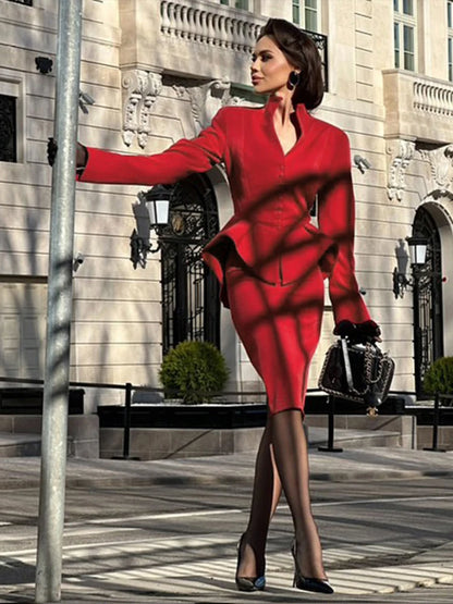 Weird Puss Elegant Office 2-Piece Set Women Classic Autumn trend Single Breasted Ruffled Jacket+Peach Hip Mid Skirt Slim Outfits