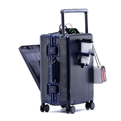 New Suitcase Wide Handle Front Opening Luggage with USB Cup Holder 20/26 Inch Suitcase Trip Cabin Carry-on Password Trolley Case