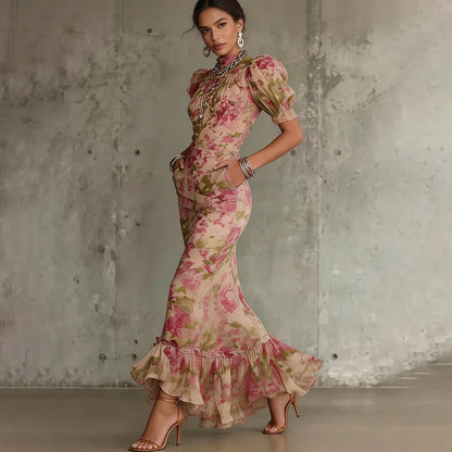 Sexy Bodycon Floral Long Dresses For Women Summer 2026 Fashion Short Sleeve O-neck Slim Maxi Dresses Elegant | Kimlud...