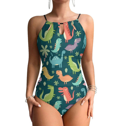 Botanical With Dinosaurs Swimsuit Dinosaur Quirky Soft Pastels Floral Swimwear Holiday Swimsuits Halter Bathing Suit |...