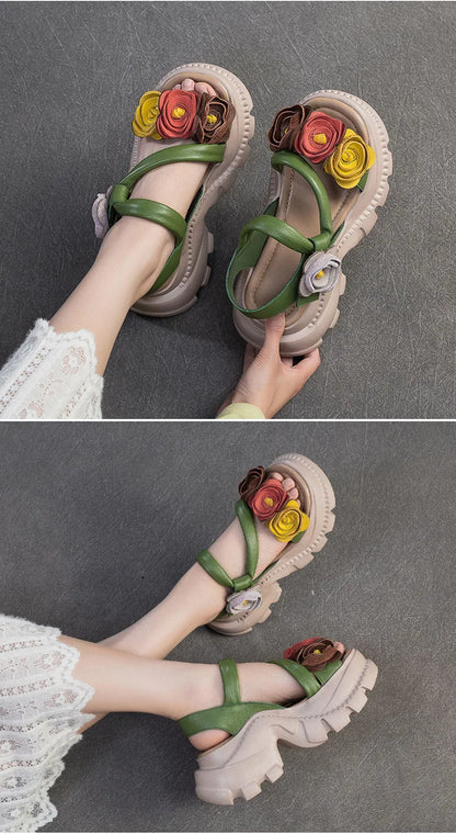 Koznoy 7cm Cow Genuine Leather Platform Wedge Women Summer Flower Slippers Pumps Hook Hollow Mary Jane Sandals Shoes Flats - Kimlud