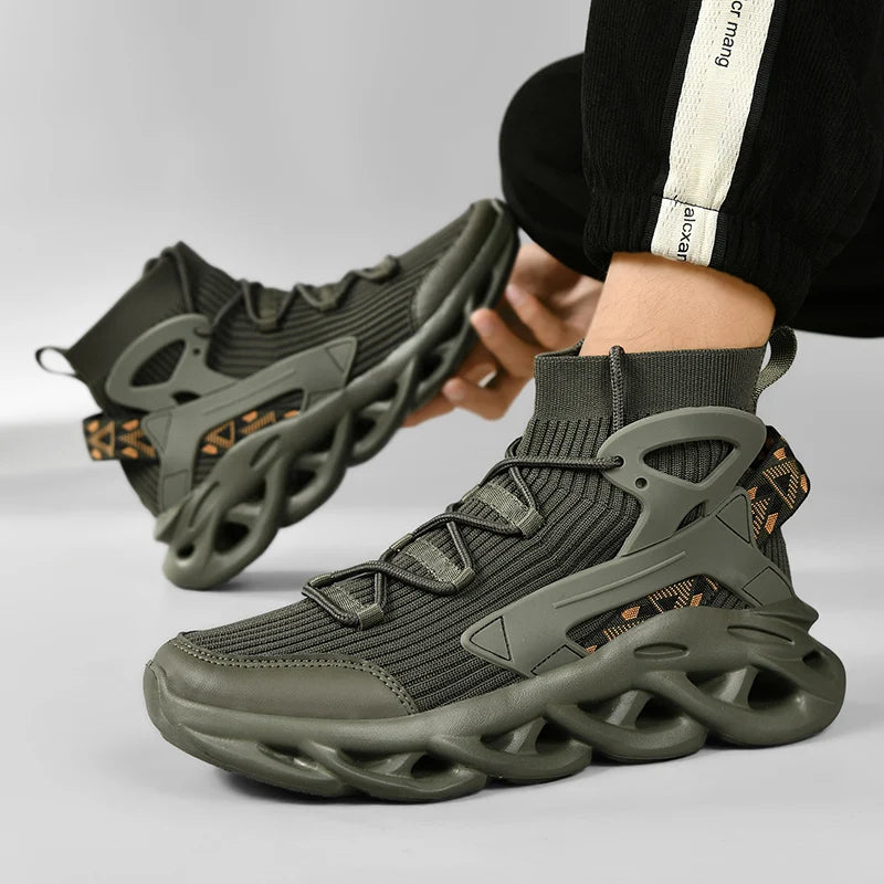 2025 High-Top Elastic Knitted Sports Shoes Trendy Plus Size Men's Shoes Reflective 3D Stereoscopic New Basketball Shoes