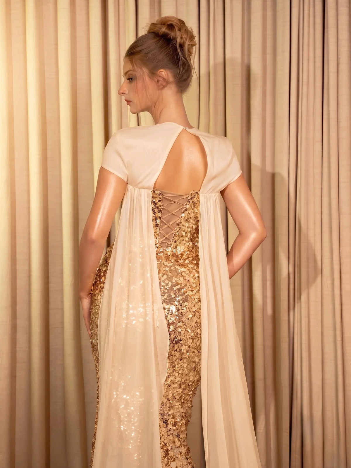 Ofherown Gold Evening Dress for Women Sequin Cape Sleeve Bodycon Formal Gala Prom Maxi Gown 2026