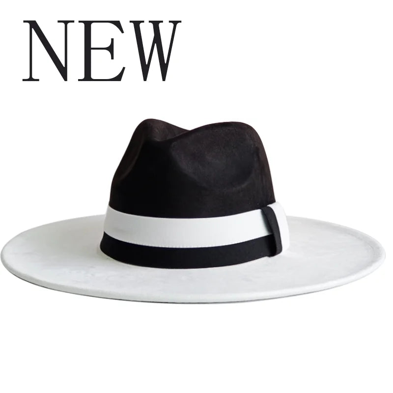 Colorblock Ribbon Colorful Suede Hat Autumn and Winter Women's Felt Hat Wide Brim Hat British Style Retro Men's Gorras Hombre - Kimlud