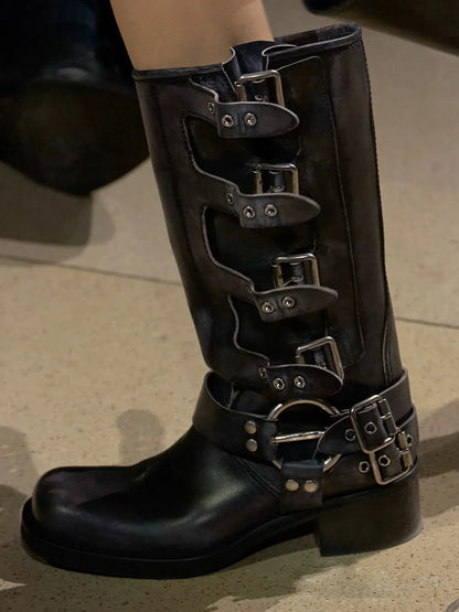 2025 Genuine Leather Platform Rivet Motorcycle boots Round toe Belt buckle Block heel mid wide calf Western boots