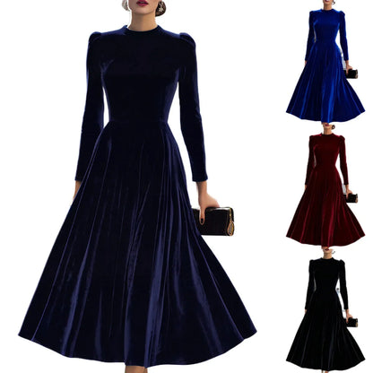 Velvet Long Sleeve round Neck Dress Elegant Artistic Retro Chinese Style Midi Skirt Casual Comfortable Polyester Fabric - Kimlud