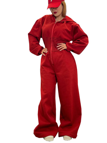 Women's Hooded Zipper Elastic Waist Jumpsuit Long Pants Sports Casual Solid Color Comfortable Casual Cross-Border Style