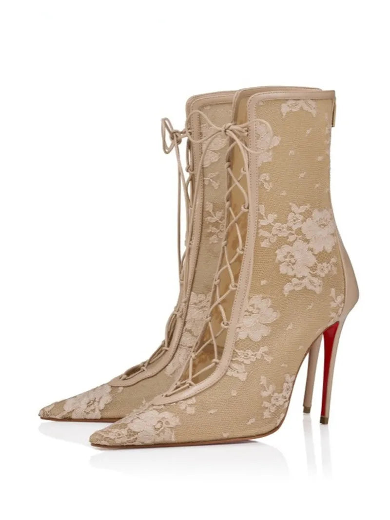 Women Lace Mesh Knee High Boots Pointed Thin Stiletto Heel Lace Up Sexy Evening Party Slim Tall Fashion High Heel Long Boots