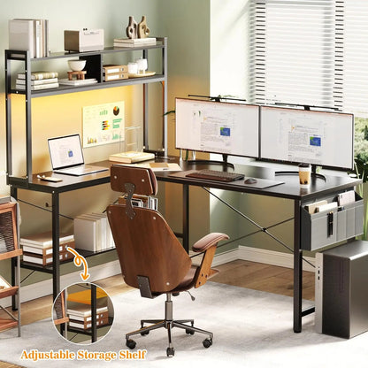 59" L-Shaped Gaming Desk with LED Lights & Power Outlets, Reversible Corner Computer Desk for Home Office & Gamers