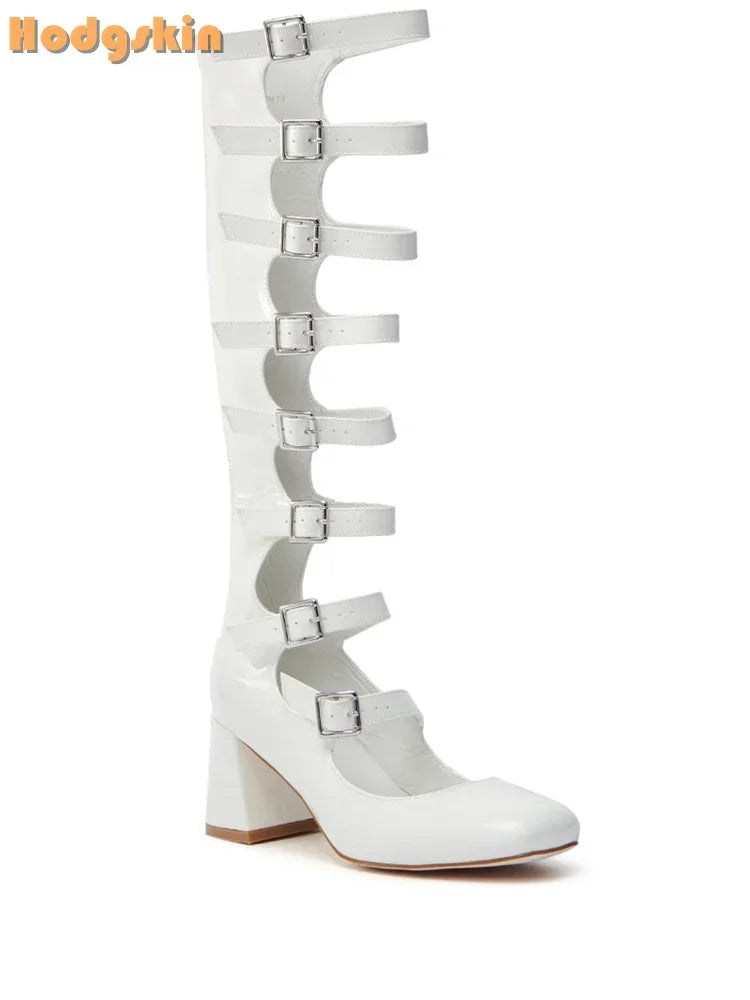Punk Buckle Straps Boots Round Toe Back Zipper Knee-high Boots Patent Leather Square Heels 2025 Women New Fashion Sandals Shoes