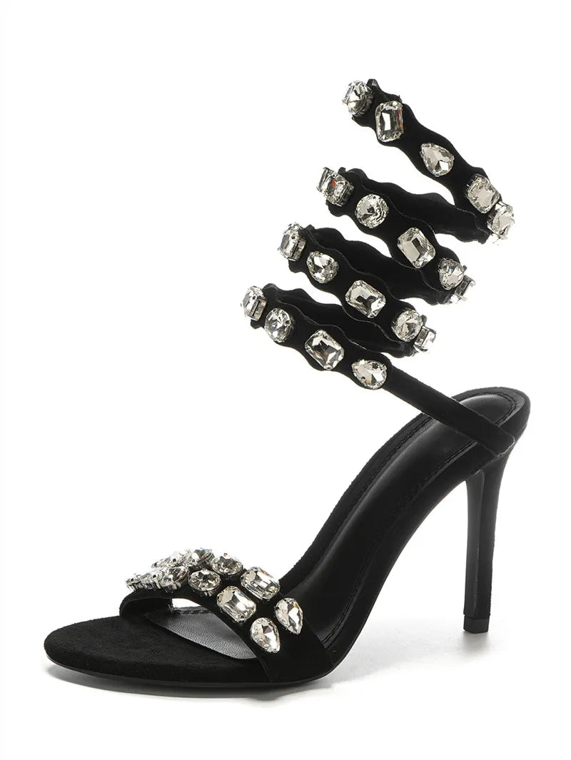 Star style Luxury Crystal Embellished Wraparound Women Sandals Stiletto High heels Gladiator Sandals Summer Wedding Prom Shoes - Kimlud