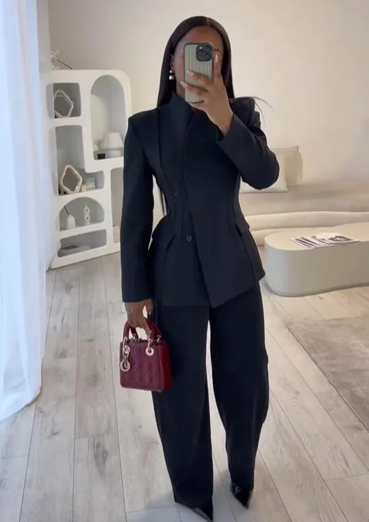 Elegant Blazer Pants Set Women Solid V-neck Long Sleeve Button Coat Wide Leg Trousers 2025 Autumn Fashion Office Lady Outfits