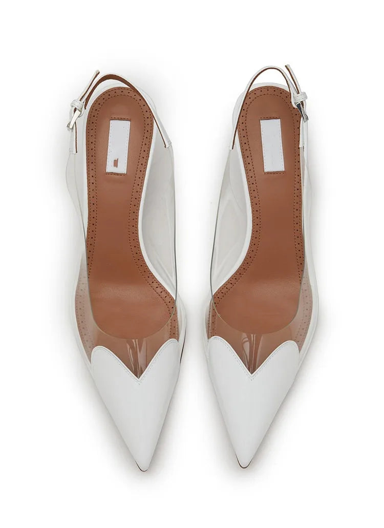 2025 New Pointy Peach Heart Fine Heel Shoes Sexy Pvc Transparent Film Black Patent Leather High Heel Overhead Sandals