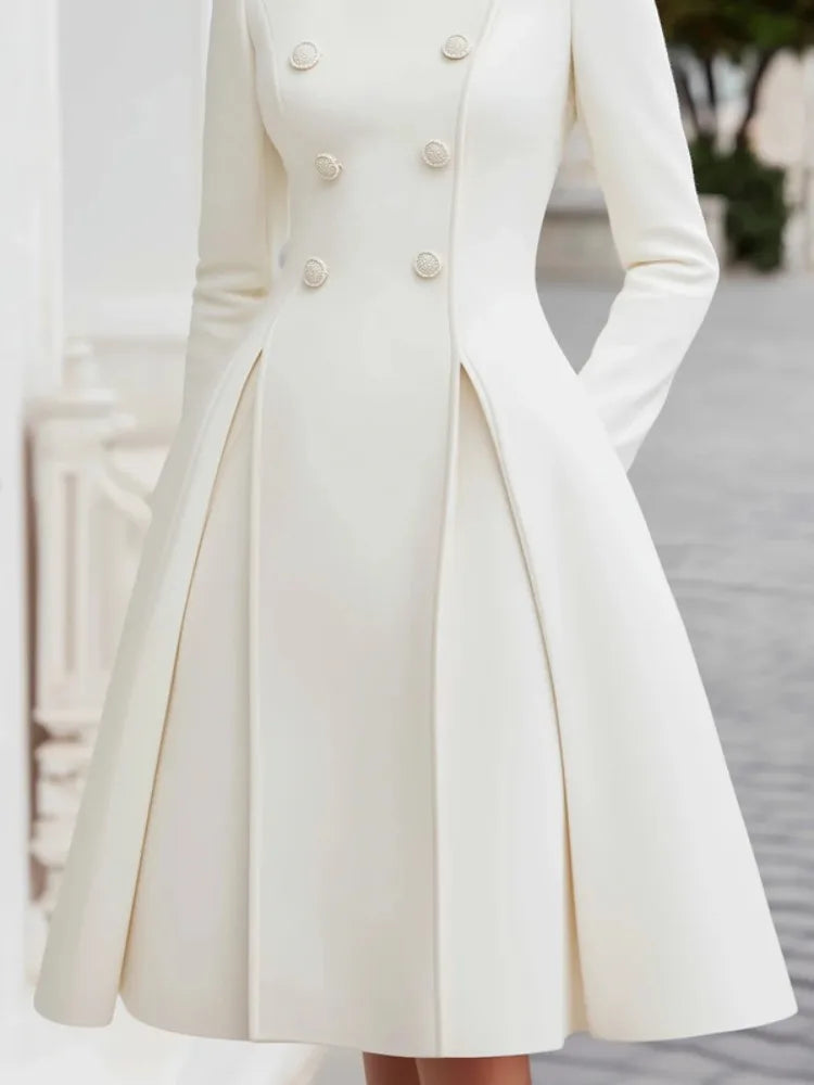 Yeezzi Women's British Style Buttoned Stand Collar Overcoat Midi Dresses Long Sleeves High Waisted Pleated Evening...