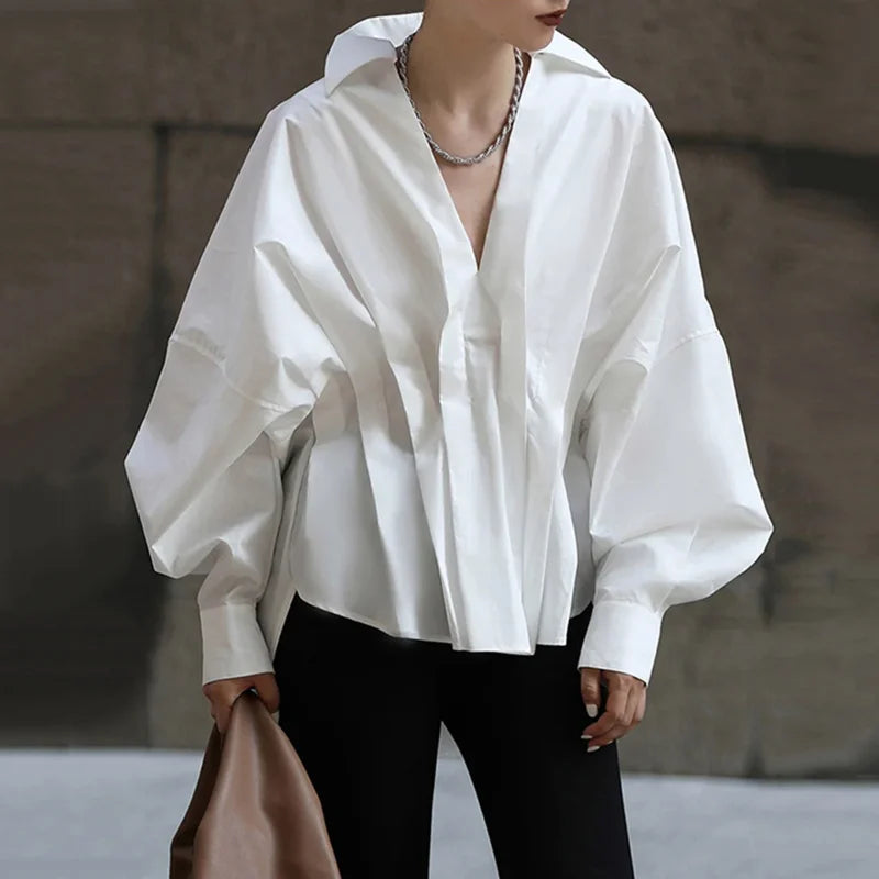 Freeacy 2023 Spring Summer New White Long Sleeves One-size Loose Pleated Blouses Lapel Collar Shirt Tops For Urban Women