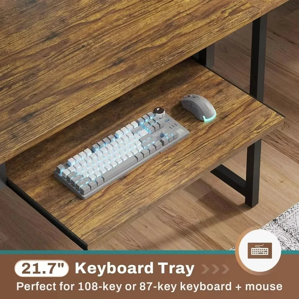 L Shaped Computer Desk, Reversible Corner Desk with Power Outlet and Pegboard, Computer Desk with Led Lights Customized