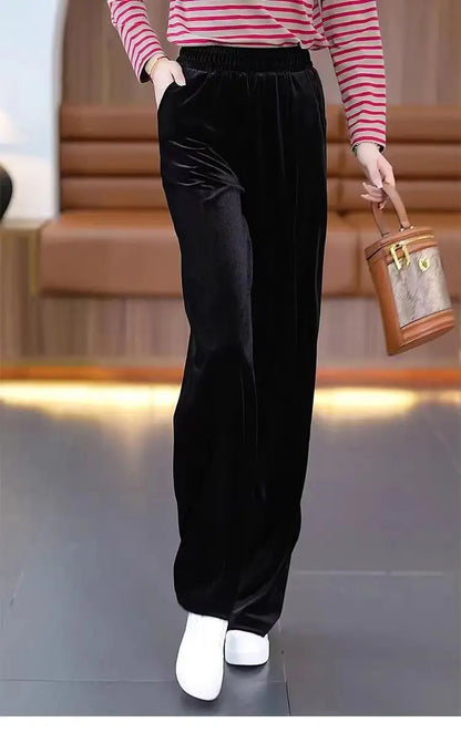 Korean Fashion Women Pleuche Pants Autumn Winter Elastic High Waist Solid Pockets Loose Office Lady Straight Wide Leg Trousers