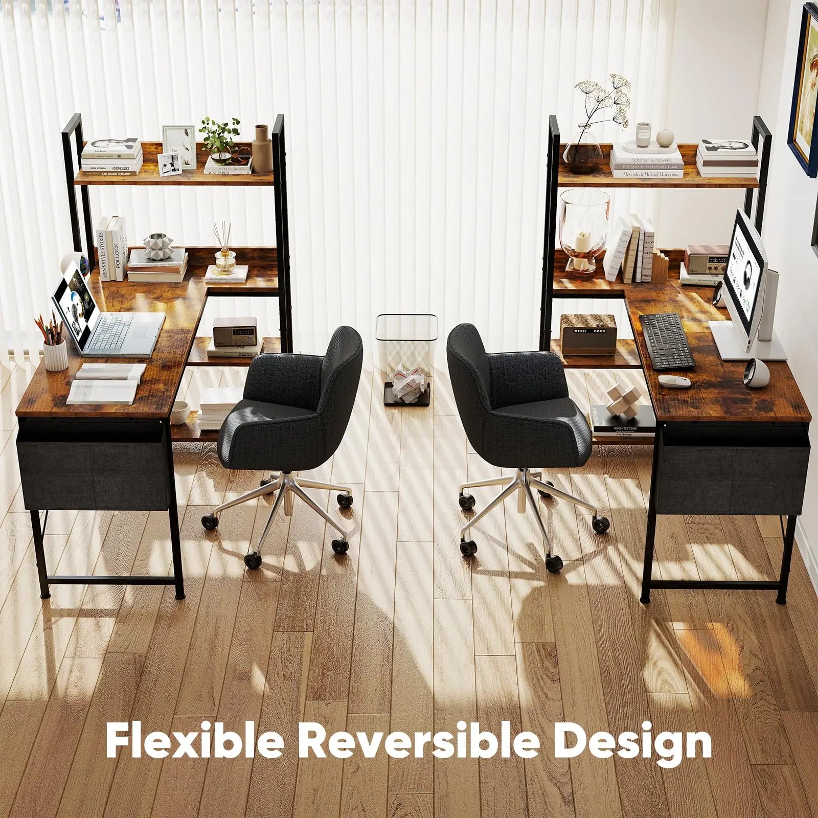 JHK 47 Inch L Shaped Desk with Storage Shelf Computer Table Gaming Wood Tables with Side Bag Adjustable Feet for Home Office