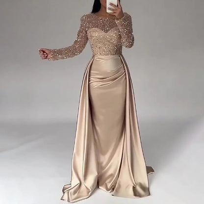 Women's Luxurious Sequins Evening Dress Round Neck Ruched Tiered Bodycon Maxi Dress For Female Prom Wedding Host Elegant Dresses