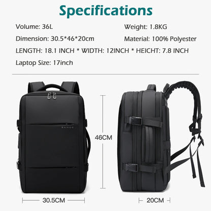 BANGE Expandable Men Travel Backpack With Vacuum Compression 17 inch Laptop Backpacks Business Large School Backpack For Hiking