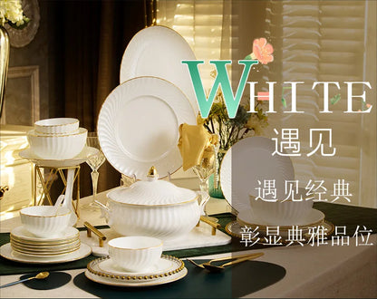 Bowl and dish set bone china tableware set bowl Jingdezhen light luxury simple hand drawn gold ceramic bowl and chopsticks plate - Kimlud