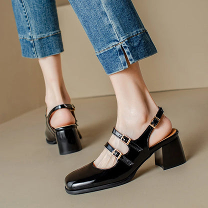 Plus Size 44 45 46 Black Silver Chunky High Heels Mary Jane Shoes Women Square Toe Double Buckle Pumps Slingback Ladies Sandals - Kimlud