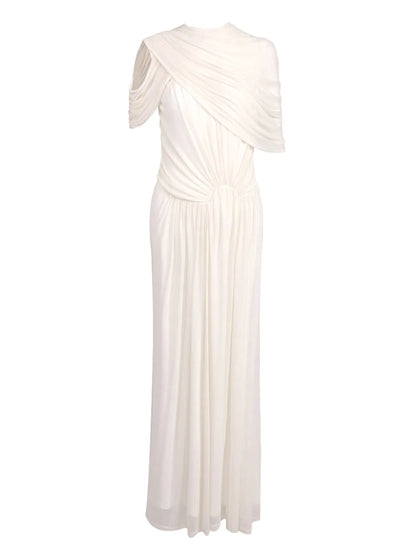 Sexy O Neck Mesh Covering Ruched Long Dress Women Beige Sleeveless Ruched Slim Dresses Celebrity Maxi Evening Party Club...