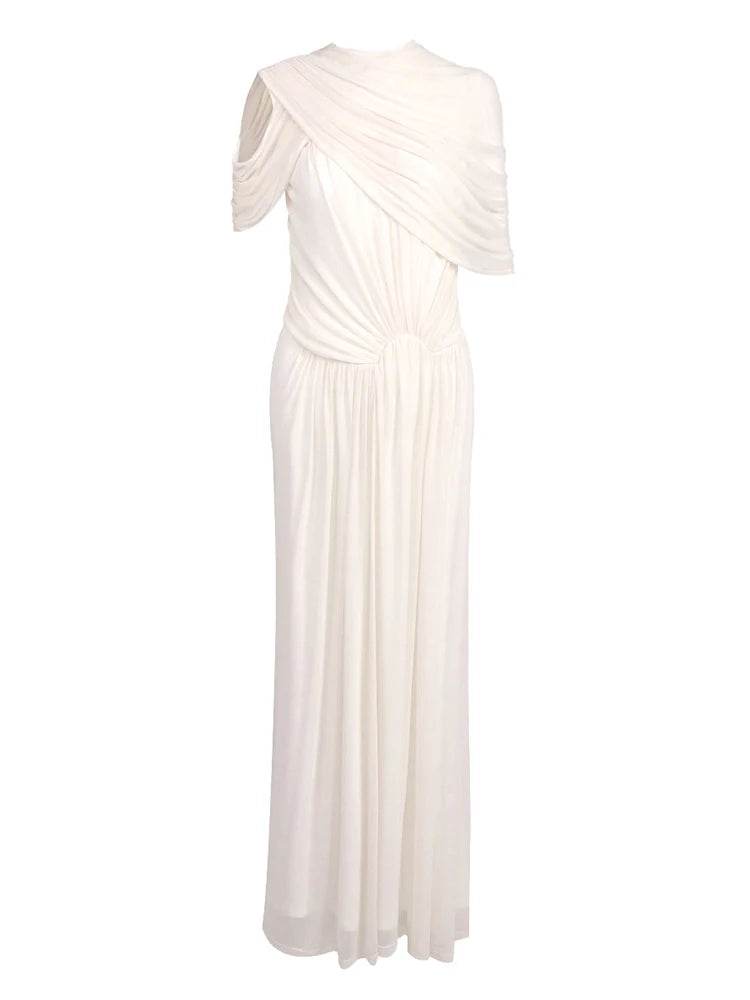 Sexy O Neck Mesh Covering Ruched Long Dress Women Beige Sleeveless Ruched Slim Dresses Celebrity Maxi Evening Party Club...