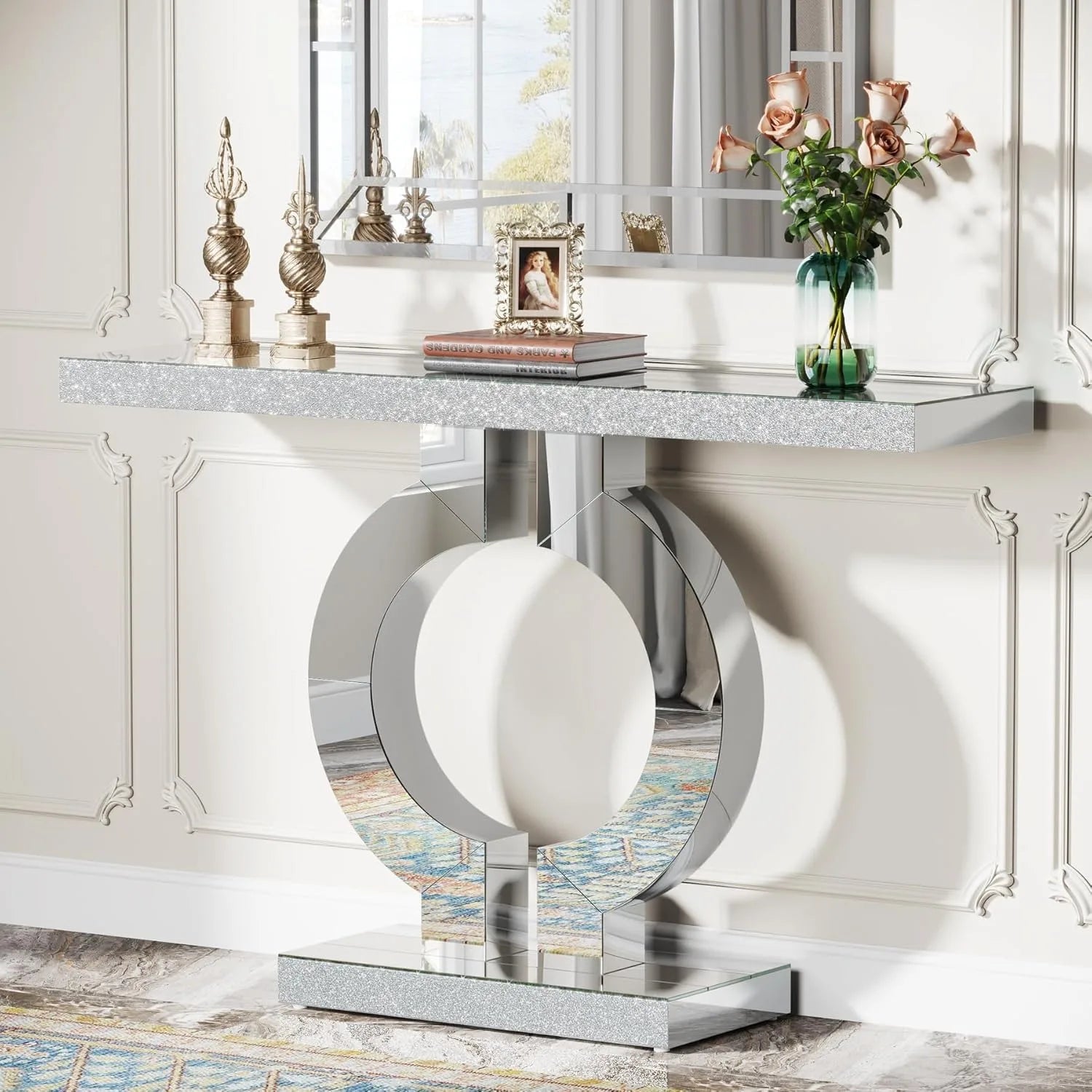 Mirrored Console Table with O-Shaped Base, Entryway Table Glass Sofa Table with Mirror Finish, Rectangle Accent Foyer...