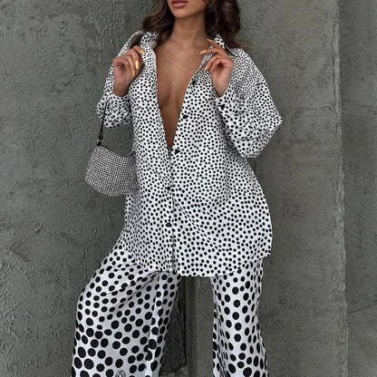 Fashion Loose Print 2 Piece Sets Loungewear Women Outfit Elegant Long Sleeve Shirts With High Waist Wide Pants Set Homewear