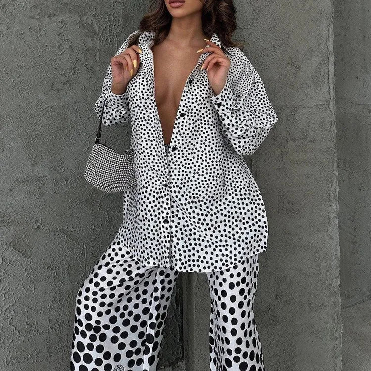 Fashion Loose Print 2 Piece Sets Loungewear Women Outfit Elegant Long Sleeve Shirts With High Waist Wide Pants Set Homewear