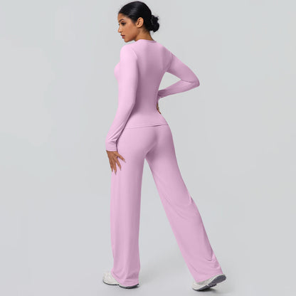 2pieces Women Gym Yoga Set Running Shirts Slim Long Sleeves Workout Top Quick Drying High Stretch Wide Leg Pants Thin Yoga Set